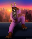 abs anthro clothing hoodie kigurumi male muscular muscular_male onesie pose sitting solo sunset topwear zipper rahir canid canine fox mammal 5:6 digital_media_(artwork) hi_res