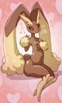 anthro biped black_sclera blush bodily_fluids breasts breath brown_body brown_fur cleavage clothed clothing covering covering_breasts drooling female fingers flower fur heart_symbol pink_eyes plant pokemorph rose_(flower) saliva sitting smile solo text wide_hips melonleaf nintendo pokemon generation_4_pokemon lagomorph lopunny mammal pokemon_(species) 2017 hi_res japanese_text