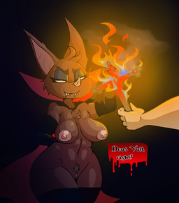 anthro big_breasts breasts brown_body brown_fur burning cape christian_cross christian_symbol clothing cross crucifix dialogue fangs female fire fur genitals gloves handwear inside leggings legwear pubes religion religious_symbol teeth text thick_thighs vulva wide_hips iguanasarecool christianity bat human leaf-nosed_bat mammal microbat vampire_bat yangochiropteran english_text hi_res latin_text translated