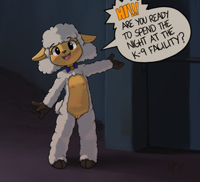anthro areola biped black_eyes bow_tie bow_tie_only cloven_hooves dialogue eyebrows female flat_chested front_view fur genitals hooves humanoid_genitalia humanoid_vulva inside looking_at_viewer mostly_nude navel nipples open_mouth solo speech_bubble standing talking_to_viewer tan_body teeth text tongue vulva white_body white_fur wool_(fur) young young_anthro young_female ajin the_walten_files sha_(twf) bovid caprine mammal sheep 2026 english_text hi_res