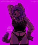 anthro armpit_hair body_hair chest_tuft clothing ear_piercing hand_on_hip happy_trail lgbt_pride lingerie looking_at_viewer nonbinary_pride_colors object_in_mouth piercing pride_colors solo standing tuft monochromanis iris_the_hyena hyena mammal hi_res nonbinary_(lore)