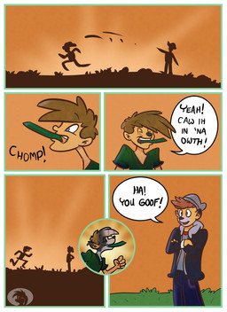beanie black_nose blue_eyes border brown_hair clothing crossed_arms dialogue duo ear_growth evening frisbee frisbee_in_mouth fur fur_growth grass green_border green_clothing green_shirt green_topwear grey_eyes growth hair hat headgear headwear male onomatopoeia plant playing running shirt snout snout_growth sound_effects speech_bubble sunset text topwear transformation trevor-fox trevor-fox_(character) human mammal 2015 comic english_text watermark