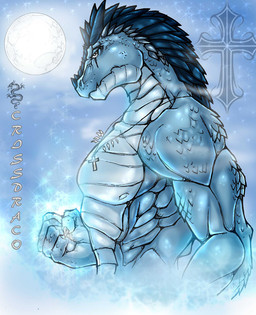 abs anthro athletic biped blue_body blue_scales blue_skin cloud cross cross_necklace fist jewelry looking_at_viewer male moon muscular muscular_anthro necklace nude scales scar side_view sky solo spikes standing text walter_sache mythology dragon mythological_creature mythological_scalie scalie 2010 blue_theme english_text signature