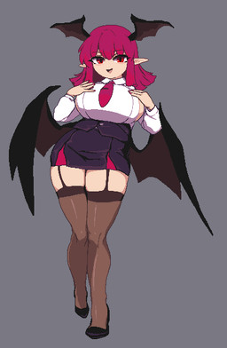 accessory big_breasts bottomwear breasts clothed clothing curvy_figure female footwear garter hair head_wings high_heels humanoid_pointy_ears legwear long_hair membrane_(anatomy) membranous_wings necktie open_mouth pantyhose pencil_skirt pointy_ears red_eyes red_hair shoes side_boob sidelocks skirt smile solo thigh_highs unusual_wing_placement voluptuous voluptuous_female wings takorin touhou koakuma demon demon_humanoid humanoid