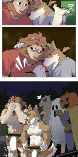 anthro anthro_on_anthro blush censored_genitalia censored_penis claws clothed clothing costume duo food foreskin fruit genitals glans group halloween_costume holidays humanoid_genitalia humanoid_penis humor jack-o'-lantern male male/male muscular muscular_anthro muscular_male penis plant pumpkin tail vein veiny_penis 1500jiangbao halloween microsoft minecraft mojang xbox_game_studios canid canine felid lion mammal pantherine absurd_res censored comic hi_res multiple_scenes