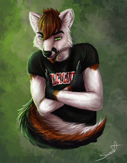 abstract_background anthro black_body black_claws black_clothing black_fur black_hands black_lips black_nose black_shirt black_t-shirt black_topwear brown_body brown_fur brown_hair cheek_tuft claws clothed clothing crossed_arms ears_front eyebrows facial_hair facial_tuft finger_claws fingers fluffy fluffy_tail front_view fur goatee green_background green_eyes grey_body grey_fur hair hand_under_arm inner_ear_fluff lips looking_at_viewer male mouth_closed multicolored_body multicolored_fur pointy_ears prick_ears shirt simple_background snout solo t-shirt tail tail_around_self text text_on_t-shirt topwear tuft jadedragoness canid canine fox mammal 2017 digital_media_(artwork) digital_painting_(artwork) half-length_portrait painting_(artwork) portrait signature