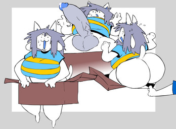 anthro balls big_breasts big_penis bikini blue_mouth bodily_fluids bottomless box breasts clothed clothing clothing_pull container erection fist genital_fluids genitals grey_hair gynomorph hair holding_box holding_container holding_object huge_breasts huge_penis inside_box intersex looking_back multicolored_clothing multicolored_shirt multicolored_topwear no_underwear panties panty_pull penis precum shirt shocked slightly_chubby solo string_bikini string_panties swimwear tail thick_thighs topwear two-piece_swimsuit underwear underwear_pull vein veiny_penis white_body wide_hips loudnormal4 undertale undertale_(series) temmie_(undertale) domestic_cat felid feline felis mammal tem