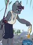 anthro blue_eyes breasts eyewear eyewear_on_head female fishing fishing_rod glasses glasses_on_head side_boob sleeveless_shirt solo whiskers el-k ms._ota_(el-k) fish mammal marine mustelid otter 2024 absurd_res hi_res