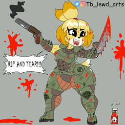 anthro armor black_eyes female food gun ketchup knife ranged_weapon solo tail text weapon yellow_body tibbs animal_crossing doom_(series) id_software microsoft nintendo isabelle_(animal_crossing) canid canine canis domestic_dog mammal toy_dog 1:1 english_text hi_res