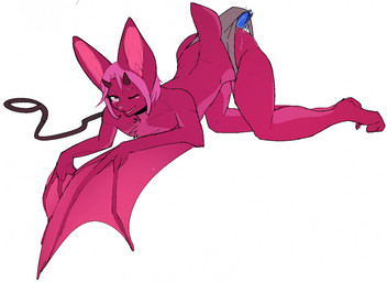 all_fours anal anal_penetration ass_up clothed clothing collar femboy fur hair horn leash leash_pull male membrane_(anatomy) membranous_wings nude one_eye_closed penetration pink_body pink_eyes pink_fur pink_hair realistic_wings red_body red_fur short_horn simple_background small_horn solo topless white_background winged_arms wings wink corablue kullax bat mammal