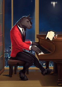 accessory anthro black_bottomwear black_clothing black_hair black_necktie black_pants black_tail blue_eyes bottomwear clothed clothing container cup drinking_glass glass glass_container glass_cup grand_piano grey_body hair hooves inside keyboard_instrument male male_anthro mouth_closed musical_instrument necktie night pants piano playing_music playing_piano red_clothing red_topwear side_view sitting solo tail topwear white_clothing white_topwear window wine_glass satanic_monkey hisao_matsumoto equid equine horse mammal absurd_res hi_res