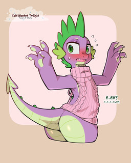 anthro biped blush bodily_fluids butt claws clothing cute_fangs dialogue exclamation_point fangs femboy green_body male purple_body question_mark rear_view solo sweat sweater teeth text tongue topwear virgin_killer_sweater cold-blooded-twilight friendship_is_magic hasbro meme_clothing my_little_pony mythology spike_(mlp) dragon mythological_creature mythological_scalie scalie 2026 4:5 hi_res meme