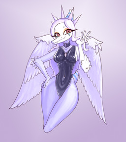 anthro biped black_clothing black_leotard blue_body bone_frill breasts butt butt_from_the_front choker clothed clothed_anthro clothed_female clothing collar elbow_feathers feathered_wings feathers female female_anthro fingers frill_(anatomy) front_view grey_body hair hand_on_hip humanoid_hands jewelry leotard long_hair looking_at_viewer markings medium_breasts mouth_closed navel necklace nipple_outline non-mammal_breasts non-mammal_hair non-mammal_navel pose pycnofibres red_eyes short_tail simple_background smile solo spiked_collar spikes striped_markings stripes tail text white_body white_feathers white_hair wide_hips wings alexsavenije goodbye_volcano_high ko_op_(game_developer) fang_(gvh) prehistoric_species pterosaur reptile scalie 2024 absurd_res artist_name colored digital_media_(artwork) hi_res pinup shaded