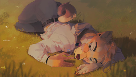 anthro belt black_belt black_eyebrows bottomwear brown_eyes brown_nose closed_smile clothed clothing curled_tail ear_piercing eyebrows female fur gauged_ear grass grey_bottomwear grey_clothing grey_pants hair mouth_closed narrowed_eyes orange_body orange_fur orange_hair outside pants piercing plant smile solo tail text topwear white_clothing white_topwear unknowhiter canid mammal 2019 artist_name dated hi_res