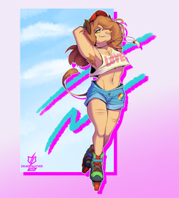 1990s_theme ambiguous_gender anthro armpit_hair big_hair body_hair bottomwear clothing denim denim_bottomwear denim_clothing denim_shorts facial_piercing footwear green_eyes hair hands_behind_head inline_skates nose_piercing nose_ring piercing pride pride_color_flag ring_piercing roller_skates septum_piercing septum_ring shorts solo summer_clothing drawpanther bovid bovine cattle mammal hi_res