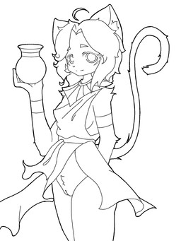 adolescent anthro clothing female genitals hair looking_at_viewer non_color smile standing tail vulva young cassis felid feline felis mammal black_and_white hi_res monochrome sketch