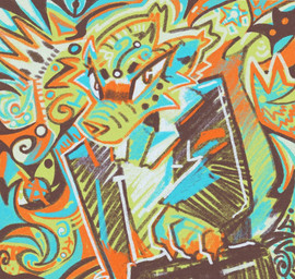 3_fingers abstract_art abstract_background ambiguous_gender anthro black_clothing black_suit briefcase claws clothing finger_claws fingers green_body holding_briefcase looking_at_viewer psychedelic red_eyes solo suit squawq unknown_species colorful_theme hi_res