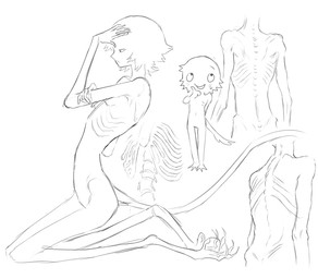 ambiguous_gender ambiguous_humanoid bone chibi chibi_inset kneeling mouth_closed navel ribs skeleton skinny_ambiguous skinny_humanoid slim_ambiguous slim_humanoid solo tail white_body jejejunum secret_(jejejunum) humanoid tailed_humanoid 2026 black_and_white digital_drawing_(artwork) digital_media_(artwork) hi_res monochrome sketch sketch_page