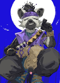 accessory animal_skin anthro bodily_fluids bottomwear clothing eyebrow_piercing facial_piercing grey_body hair headband holding_melee_weapon holding_object holding_weapon looking_at_viewer male markings melee_weapon piercing solo spots spotted_body sweat tail weapon guni_shi3 arknights hypergryph studio_montagne spot_(arknights) hyena mammal spotted_hyena 2026 absurd_res hi_res