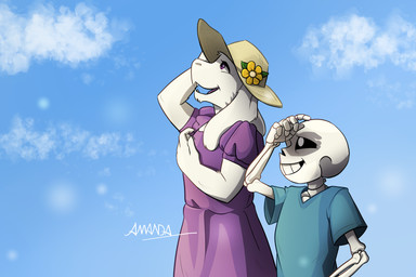 anthro bone clothing duo female hat headgear headwear male open_mouth open_smile side_view skeleton smile amandanello undertale_(series) sans_(undertale) toriel boss_monster_(undertale) hi_res