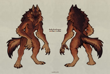 anthro arm_tuft big_feet big_hands black_body black_fur breasts brown_body brown_fur claws elbow_fur elbow_tuft featureless_breasts feet female fluffy fluffy_tail front_view fur ginger_fur grey_eyes mane neck_tuft rear_view red_body red_fur solo tail tan_body tan_fur tuft tashiroth mythology canid canine mammal monster mythological_canine mythological_creature werecanid werecanine werecreature werewolf hi_res model_sheet