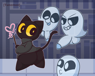 ambiguous_gender anthro balls big_butt big_penis black_body black_eyes black_fur black_sclera blue_body blue_eyes bottomless butt clothed clothing erection fur genitals group heart_symbol holding_object holding_wand looking_at_butt looking_back male outline penis pupils robe smile tongue tongue_out wand white_outline yellow_pupils yellow_sclera tunemon google google_doodle magic_cat_academy momo_(google) domestic_cat felid feline felis ghost mammal spirit 2022 digital_media_(artwork) hi_res