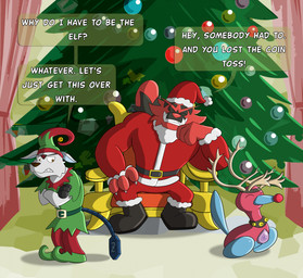 3_eyes belt black_boots black_clothing black_footwear boots christmas_clothing christmas_headwear christmas_tree clothing costume cybernetic_eye cybernetic_limb cybernetic_tail cybernetics elf_costume footwear grin group hat headgear headwear holidays machine male male/male multi_eye plant santa_costume santa_hat shoes smile speech_bubble text tree trio overkelion christmas nintendo pokemon tahu_(incineroar) zalno generation_2_pokemon generation_7_pokemon incineroar pokemon_(species) porygon2 english_text hi_res