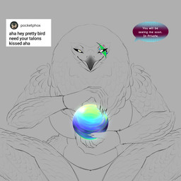 anthro beak big_breasts bikini breasts clothing crystal_ball dialogue facial_markings feathers female fortune_teller fortune_telling head_markings imminent_sex markings non-mammal_breasts orb questions_and_answers simple_background sitting smile smiling_at_viewer solo speech_bubble swimwear text two-piece_swimsuit xikitsune eternia_(xikitsune) accipitrid accipitriform avian bateleur bird eagle snake_eagle 1:1 digital_drawing_(artwork) digital_media_(artwork) english_text hi_res