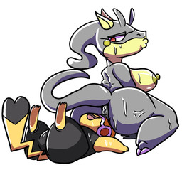 anthro anus big_breasts big_butt bodily_fluids breasts butt camel_toe cleft_tail clothed clothing cosplay_pikachu_(costume) duo facesitting female female/female feral fur genitals looking_back mask nipples nude open_mouth red_eyes shortstack simple_background sitting sitting_on_another sweat tail thick_thighs tongue vulva yellow_body fu-do mythology nintendo pokemon cosplay_pikachu_(character) pikachu_libre spanki_the_kangadra dragon generation_1_pokemon generation_6_pokemon goodra hybrid kangaskhan mammal mythological_creature mythological_scalie pikachu pokemon_(species) rodent scalie 1:1 digital_media_(artwork) hi_res