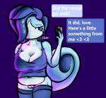 2019 anthro anthrofied big_breasts breasts clothed clothing digital_media_(artwork) dittodotto english_text fan_character female generation_8_pokemon genitals hi_res huge_breasts nintendo non-mammal_breasts pokemon pokemon_(species) pokemorph pussy reptile scalie simple_background smile sobble solo text