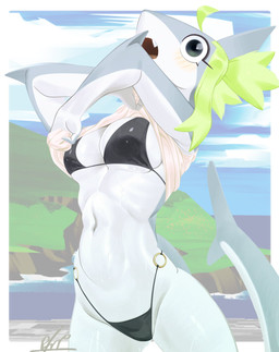 anthro beach bikini black_bikini black_bikini_bottom black_bikini_top black_clothing black_swimwear border bra breasts cleavage clothed clothed_anthro clothed_female clothing clothing_grab clothing_lift cloud cute_fangs day detailed_background elbow_fin eye_glare eyelashes fangs female fin fingers glistening glistening_body glistening_bra glistening_clothing glistening_eyes glistening_underwear green_hair grey_body grey_eyes grey_skin grey_tail hair head_fin looking_at_viewer medium_breasts multicolored_body multicolored_skin non-mammal_breasts o-ring_bikini_bottom o-ring_swimwear open_mouth outside outside_border sea shirt skinny sky solo surprised swimwear tail teeth tongue topwear triangle_bikini two-piece_swimsuit two_tone_body under_boob underwear undressing voluptuous_female water wet wet_body white_body cat_pepper roji_(cat_pepper) aquatic fish shark hi_res
