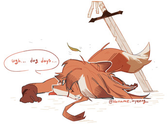 anthro eye_patch eyewear female fur hair lying melee_weapon on_front orange_body orange_fur orange_hair simple_background simple_eyes solo speech_bubble sword text tongue tongue_out weapon white_background noname_myeong jeanne_(noname_myeong) canid canine fox mammal absurd_res hi_res