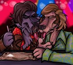 1970s anthro canid canine canis clothed clothing cocaine digital_media_(artwork) disco domestic_dog drugs duo fur hair kaenhoushaki leisure_suit licking male male/male mammal source_request suit tongue tongue_out unavailable_at_source