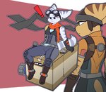 anthro bandanna_on_forehead blue_eyes boots box breasts cardboard cardboard_box clothed clothing container cybernetic_arm cybernetic_limb duo ear_piercing ear_ring exclamation_point eyewear eyewear_on_head female footwear fur goggles goggles_on_head green_eyes hammer kerchief male piercing ring_piercing shoes sitting small_breasts stripes tail tools yellow_body yellow_fur the_man konami metal_gear ratchet_and_clank sony_corporation sony_interactive_entertainment ratchet_(ratchet_and_clank) rivet_(ratchet_and_clank) lombax mammal absurd_res hi_res