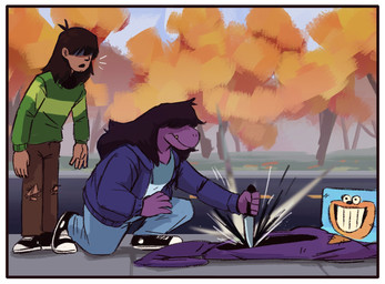 anthro border clothed clothing costume dark_fountain duo female freckles fursuit fursuit_head mascot_costume mascot_suit open_mouth outside plant purple_body purple_scales scales sidewalk stab street surprised tree white_border cosmicleafarts deltarune mythology undertale_(series) kris_dreemurr susie_(deltarune) dragon human mammal monster mythological_creature mythological_scalie scalie hi_res