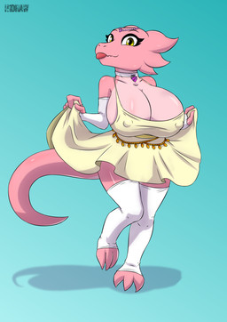 anthro armwear big_breasts biped breasts choker claws clothed clothing countershade_scales countershade_torso countershading digitigrade dress elbow_gloves female fingerless_gloves front_view gloves green_eyes handwear huge_breasts jewelry legwear looking_at_viewer necklace nipple_outline nipples non-mammal_breasts non-mammal_nipples pink_body pink_scales scales short_stack simple_background solo standing stockings tail tan_body tan_countershading tan_scales tapering_tail thigh_highs toe_claws tongue tongue_out top_heavy voluptuous_female white_clothing white_gloves white_handwear white_legwear white_stockings wide_hips yellow_clothing yellow_dress h1draw rose_(knolden) kobold scalie 2025 absurd_res hi_res