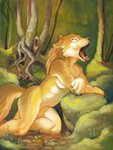 2017 anthro biped black_lips breasts canid canine canis detailed_background eyes_closed fangs female forest fur humanoid_hands lips mammal navel nude oil_painting_(artwork) open_mouth outside painting_(artwork) plant scale_(artist) solo teeth tongue traditional_media_(artwork) tree whiskers white_body white_fur wolf yawn yellow_body yellow_fur