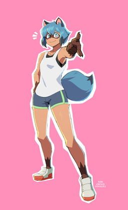 anthro black_bra black_clothing black_ears black_underwear blue_hair blue_tail bottomwear bra brown_markings clothing dipstick_hair dipstick_tail emanata facial_markings female flash_emanata fluffy fluffy_tail footwear gesture gloves_(marking) hair hand_gesture head_markings leg_markings markings mask_(marking) multicolored_eyes pointing pointing_at_viewer shirt shoes short_hair shorts smile smiling_at_viewer socks_(marking) solo tail tail_markings tan_body tank_top topwear underwear white_clothing white_shirt white_tank_top white_topwear crocodoodles brand_new_animal studio_trigger michiru_kagemori canid canine mammal raccoon_dog tanuki hi_res