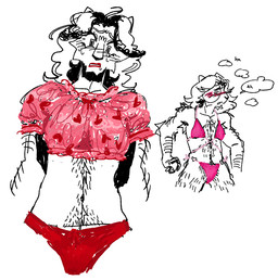 anthro arm_hair aroused aroused_face belly_hair blush bodily_fluids body_hair breath clothed clothing crossdressing crossdressing_andromorph crossdressing_male curly_hair feminization forced forced_feminization hair lipstick long_hair makeup male mascara panties panting pink_clothing pink_shirt pink_swimwear pink_topwear red_clothing red_panties red_underwear scaroused shirt simple_background solo speech_bubble sweat swimwear topwear underwear white_background iambdacore missysissy valleyos callan_dion felid lion mammal pantherine colored_sketch line_art sketch trans_(lore) trans_man_(lore)