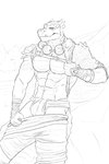 anthro armor bottomwear clothing fantasy hi_res loincloth male monochrome muscular outside scalie simonsbathtub sketch solo story story_in_description