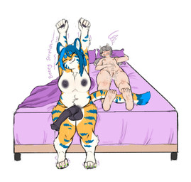 :3 after_sex animal_genitalia animal_penis anthro areola balls bed bed_sheet bedding big_breasts big_penis blue_hair bodily_fluids breasts cum cum_in_vagina cum_inside duo equine_genitalia equine_penis female female_anthro fur furniture genital_fluids genitals gynomorph gynomorph_anthro hair huge_penis intersex intersex_anthro medial_ring mismatched_animal_penis mismatched_genitalia mismatched_penis nipples on_bed penis perspective pillow sitting sitting_on_bed stretching striped_body striped_fur stripes vulva pomutop megan_(two-ts) victoria_(two-ts) animal_humanoid felid humanoid mammal mammal_humanoid pantherine rodent rodent_humanoid sciurid sciurid_humanoid tiger tree_squirrel_humanoid 2025 hi_res
