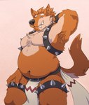 anthro armpit_hair belly body_hair bottomwear clothing fur harness legband loincloth looking_at_viewer love_handles male multicolored_body multicolored_fur orange_body orange_fur overweight overweight_anthro overweight_male pose raised_arm simple_background solo spiked_harness spiked_legband spikes tail two_tone_body two_tone_fur skaifox cheeto_(darkgem) canid canine mammal 2023 hi_res pinup