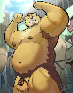 5_fingers anthro armpit_hair balls barazoku barbell_piercing barred_chastity_cage belly big_belly biped black_chastity_cage blurred_background body_hair building casual_chastity chastity_cage chastity_cage_only chastity_device chastity_device_only circle_eyebrows city city_background crowd day depth_of_field detailed_background electronics exhibitionism eyebrows eyes_closed fingers flexing flexing_bicep flexing_both_biceps genitals group holding_object holding_phone humanoid_hands large_group male male_anthro muscular muscular_anthro muscular_male navel nipple_barbell nipple_piercing nipples nude nude_anthro nude_male open_mouth open_smile outside overweight overweight_anthro overweight_male phone piercing plant public public_nudity smile solo_focus tree wearing_chastity_cage wearing_chastity_device malliseeed background_character bear mammal 2025 absurd_res hi_res signature