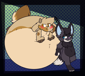 anthro belly belly_expansion big_belly black_body black_border black_fur blue_eyes blue_inner_ear blush blush_lines border brown_body brown_fur expansion fur grey_body grey_fur horn huge_belly hyper hyper_belly inflation orange_eyes pattern_background simple_background spherical_inflation necroskol nota_(notablydeviant) waro_(notablydeviant) bovid caprine goat mammal 2022 hi_res