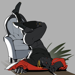 anthro black_body black_scales butt chair clothed clothing furniture grin jacket jewelry looking_at_viewer male necklace no_underwear pantsless red_eyes scales simple_background smile sock_garters solo topwear upside_down dottodottodott0 epic_games fortnite thunder_(fortnite) komodo_dragon lizard monitor_lizard reptile scalie 1:1 hi_res