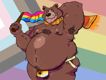 anthro armpit_fetish armpit_hair bear_pride_colors belly belly_overhang belly_tuft biceps big_belly body_hair bottomwear brown_body brown_fur bulge chest_tuft clothed clothing eye_scar eyebrows facial_scar flag flag_(object) fur grin jiggling jockstrap lgbt_pride looking_at_viewer love_handles male nipples obese obese_male overweight overweight_male pansexual_pride_colors pose pride_colors raised_arm raised_eyebrow scar scarf skimpy smile smirk solo standing thick_arms three-quarter_view tight_bottomwear tight_clothing toony tuft underwear cyanwich dreamworks lgbt_pride_month puss_in_boots_(franchise) papa_bear_(puss_in_boots) bear mammal absurd_res cel_shading digital_media_(artwork) hi_res pinup shaded