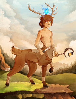 5_fingers antlers brown_body brown_fur brown_hair cloud day detailed_background fingers fur grass hair hooves horn male outside plant sky solo standing maplespyder cervine cervine_taur deer deer_taur mammal mammal_taur taur 2015 digital_media_(artwork) digital_painting_(artwork) hi_res painting_(artwork)