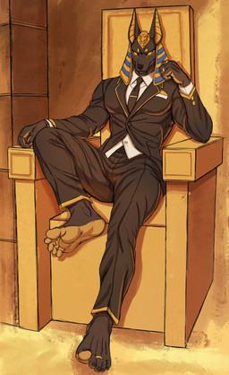 5_fingers 5_toes anthro barefoot black_body bottomwear chair clothed clothing digit_ring egyptian feet fingers fur furniture humanoid_feet jewelry looking_at_viewer male muscular necktie pants plantigrade ring sitting smile soles solo spread_legs spreading suit throne toe_ring toes topwear uraeus xioy384133 egyptian_mythology middle_eastern_mythology mythology anubis anubian_jackal canid canine canis deity jackal mammal absurd_res digital_media_(artwork) hi_res