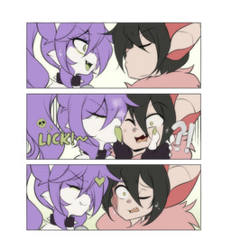 ambiguous_gender anthro bat_ears black_hair burned duo eyes_closed face_lick fur hair hand_on_face heart_symbol incoming_kiss interrobang licking ponytail purple_hair scar skull_symbol tan_body tan_fur tongue white_body white_fur lucyfercomic hiel_(lucyfer) roy_(lucyfercomic) bat canid canine mammal comic hi_res