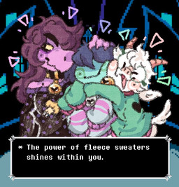 anthro bell bell_collar blush blush_stickers cheek_to_cheek clothing collar emanata eyewear face_squish female glasses group hand_on_head heart_symbol hug male smile squish sweater text topwear trio unknown_artist deltarune undertale_(series) kris_dreemurr ralsei susie_(deltarune) bovid caprine goat human mammal monster reptile scalie english_text source_request